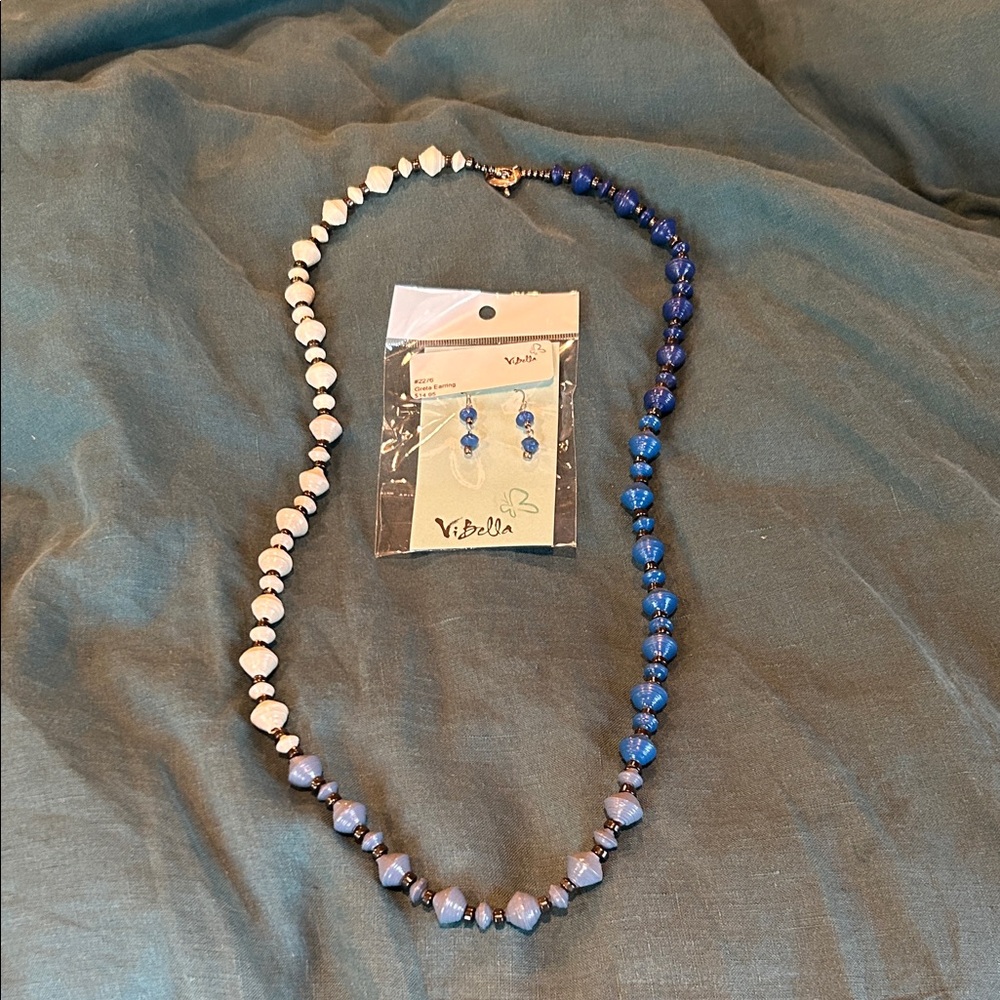 Blue and White Beaded Necklace Set